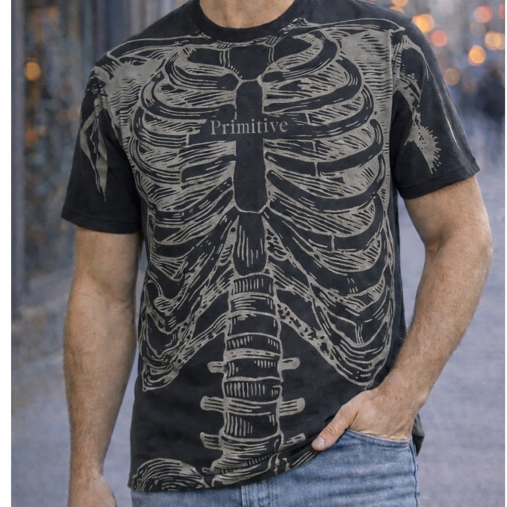 Primitive Skateboarding Skeleton Ribcage T‎ Shirt Men's Medium Black Gray NWT